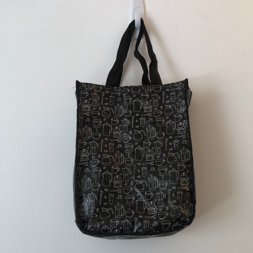 REUSABLE STARBUCKS COFFEE THEMED BLACK N WHITE TOTE